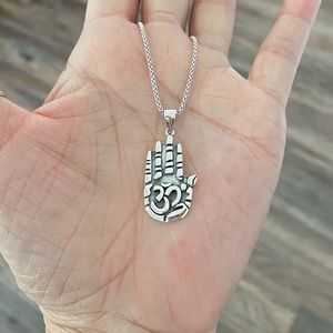 Sterling Silver OM Hamsa Necklace, Yoga Necklaces, Hand of Fatima Chain